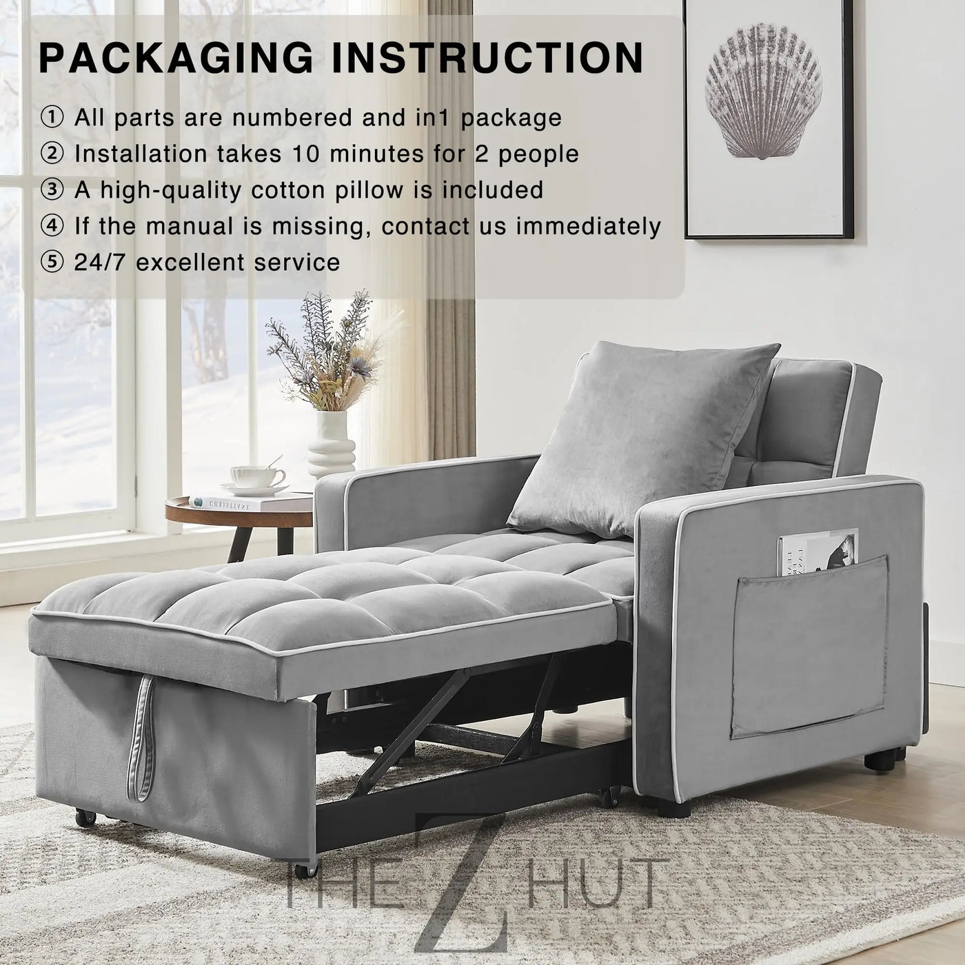 3 in 1 Convertible Sleeper Sofa Bed, Futon Couches for Living Room with Side Pocket | Adjustable Backrest| Velvet Fabric | Pull Out Couch | Loveseat | Sectional Sofa Bed(Black) THE Z HUT
