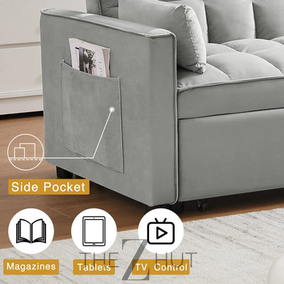 3 in 1 Convertible Sleeper Sofa Bed, Futon Couches for Living Room with Side Pocket | Adjustable Backrest| Velvet Fabric | Pull Out Couch | Loveseat | Sectional Sofa Bed(Black) THE Z HUT