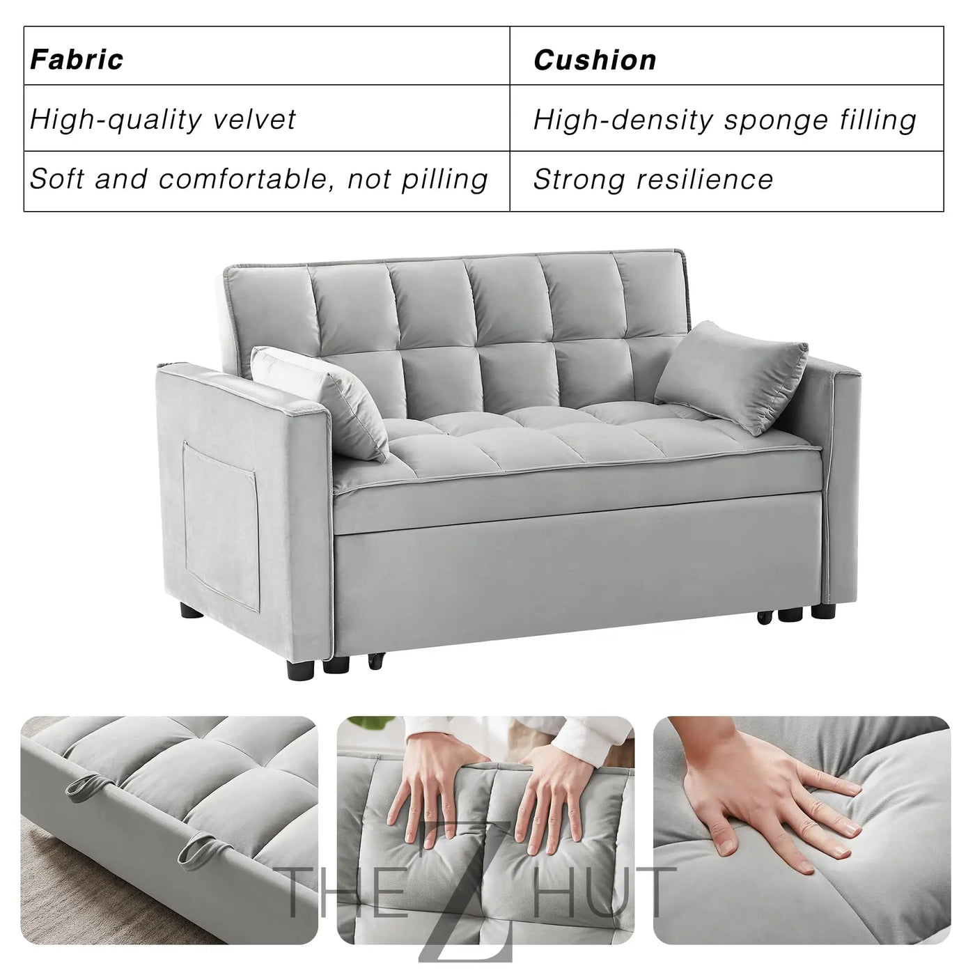 3 in 1 Convertible Sleeper Sofa Bed, Futon Couches for Living Room with Side Pocket | Adjustable Backrest| Velvet Fabric | Pull Out Couch | Loveseat | Sectional Sofa Bed(Black) THE Z HUT