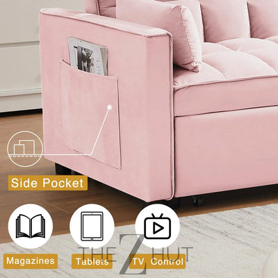 3 in 1 Convertible Sleeper Sofa Bed, Futon Couches for Living Room with Side Pocket | Adjustable Backrest| Velvet Fabric | Pull Out Couch | Loveseat | Sectional Sofa Bed(Black) THE Z HUT