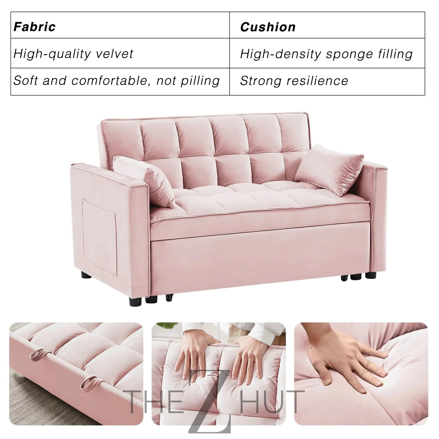 3 in 1 Convertible Sleeper Sofa Bed, Futon Couches for Living Room with Side Pocket | Adjustable Backrest| Velvet Fabric | Pull Out Couch | Loveseat | Sectional Sofa Bed(Black) THE Z HUT