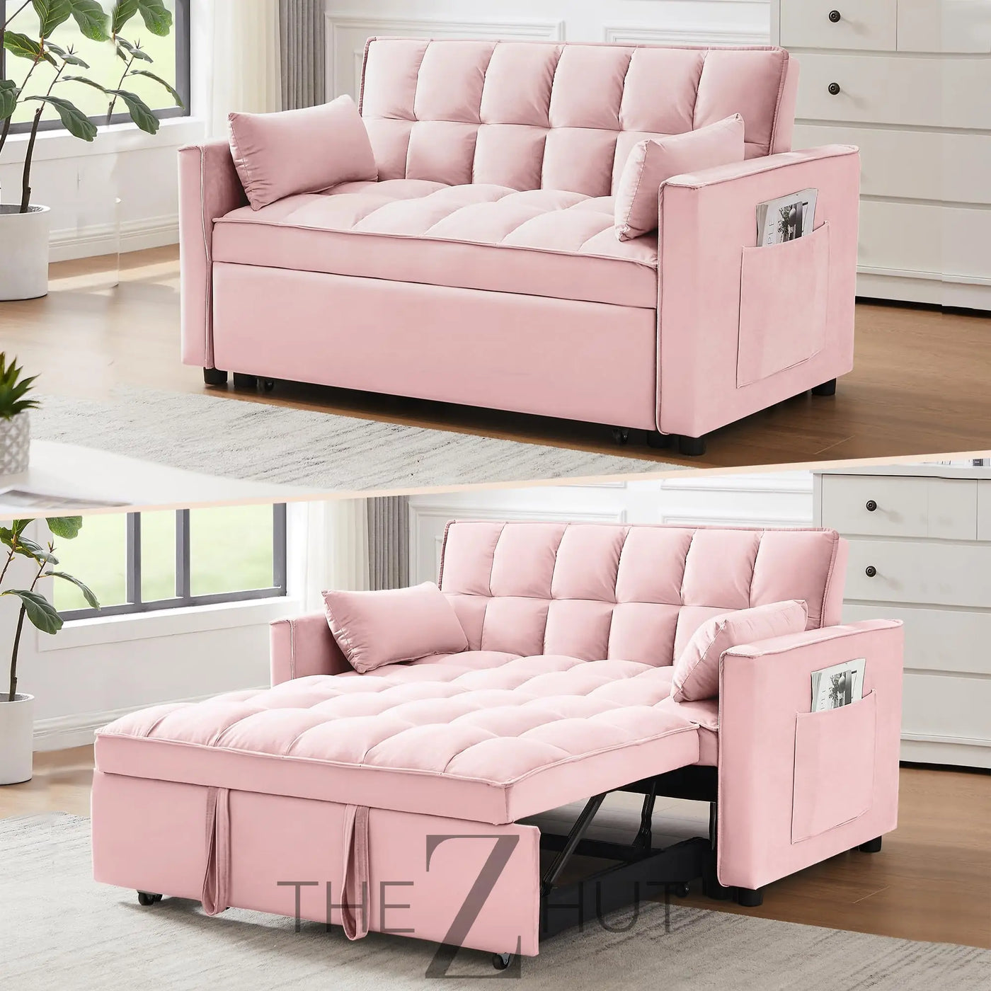3 in 1 Convertible Sleeper Sofa Bed, Futon Couches for Living Room with Side Pocket | Adjustable Backrest| Velvet Fabric | Pull Out Couch | Loveseat | Sectional Sofa Bed(Black) THE Z HUT