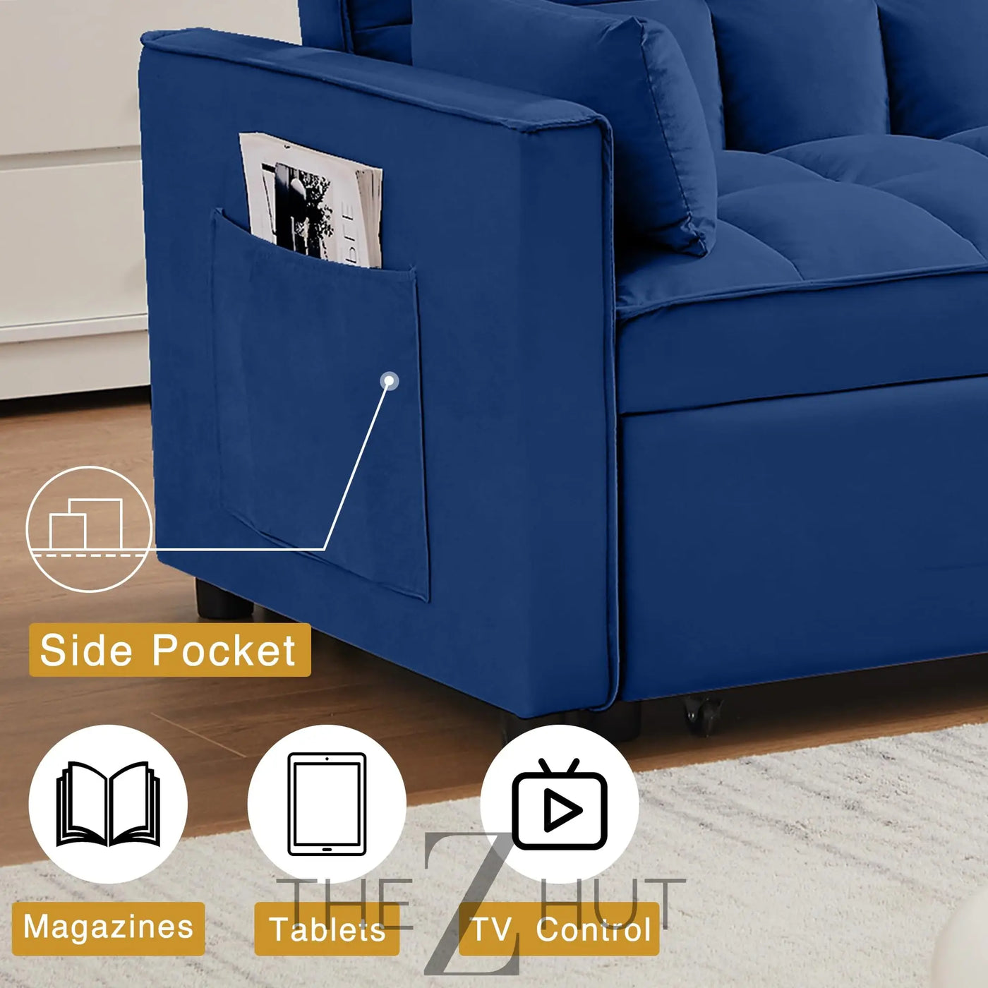 3 in 1 Convertible Sleeper Sofa Bed, Futon Couches for Living Room with Side Pocket | Adjustable Backrest| Velvet Fabric | Pull Out Couch | Loveseat | Sectional Sofa Bed(Black) THE Z HUT