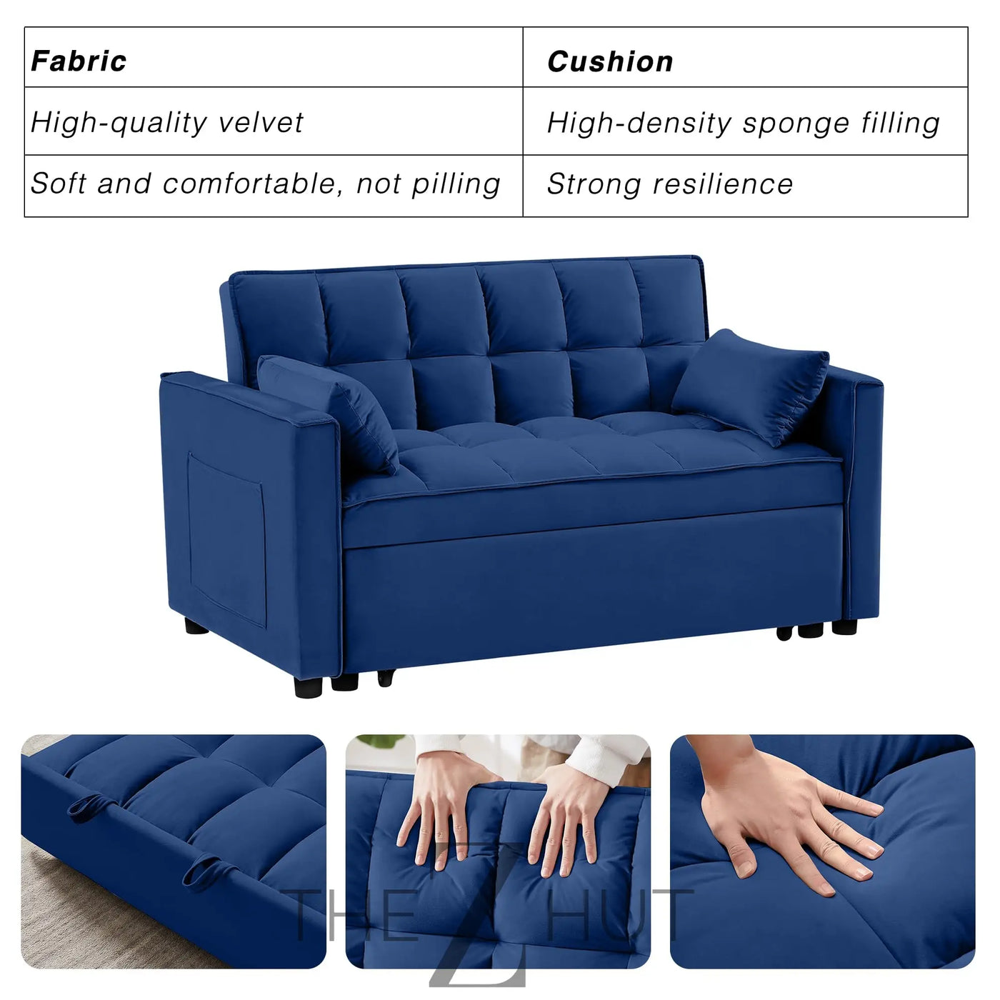 3 in 1 Convertible Sleeper Sofa Bed, Futon Couches for Living Room with Side Pocket | Adjustable Backrest| Velvet Fabric | Pull Out Couch | Loveseat | Sectional Sofa Bed(Black) THE Z HUT
