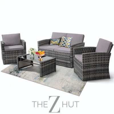 4 Pieces Patio Conversation Set, Outside Rattan Sectional Sofa, Cushioned Furniture Set, Wicker Sofa Ideal for Garden, Porch, Backyard, Grey Color Rattan and Light Grey Cushion THE Z HUT