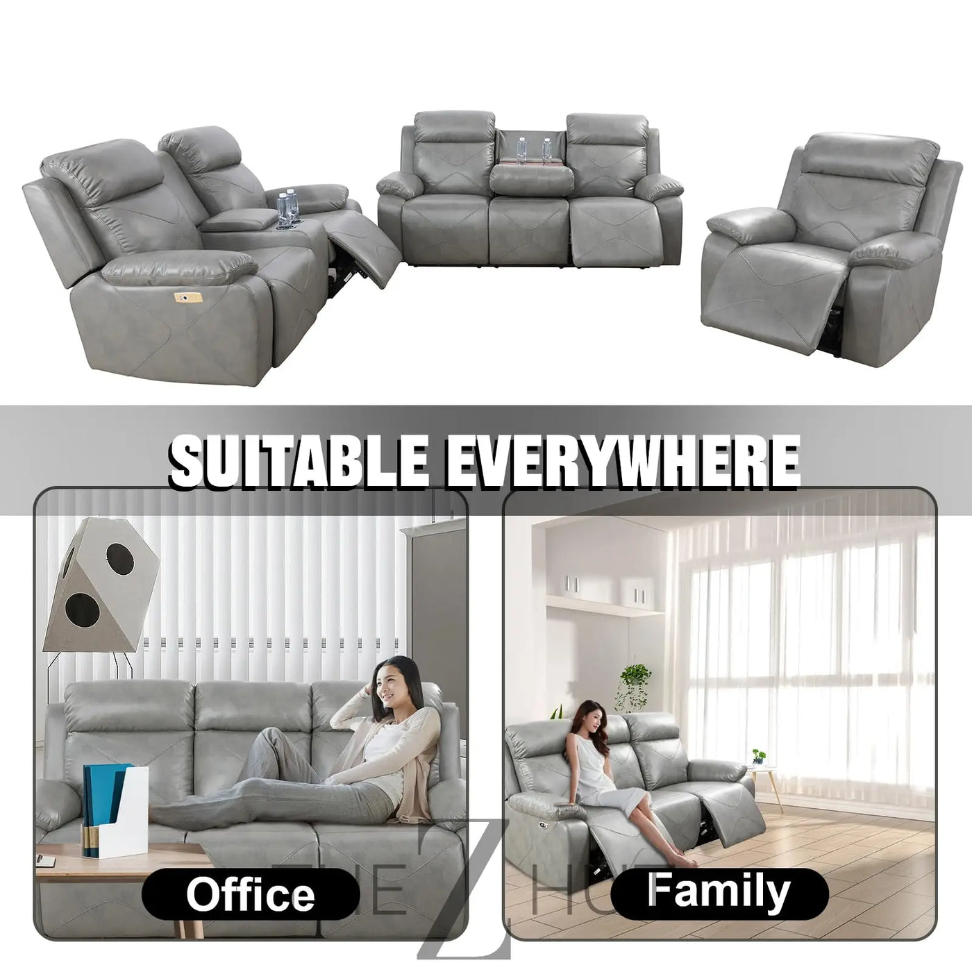 A Ainehome Furniture 3PC Sectional Sofa Living Room Office Sofa Set Electric Motion Sofa Loveseat Reclining Sofa(A-Grey, 3 Piece Set) THE Z HUT