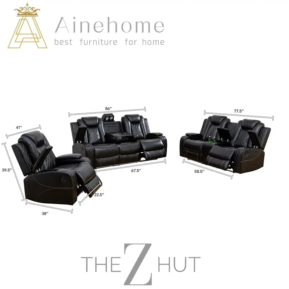 A Ainehome Furniture 3PC Sectional Sofa Living Room Office Sofa Set Electric Motion Sofa Loveseat Reclining Sofa(A-Grey, 3 Piece Set) THE Z HUT