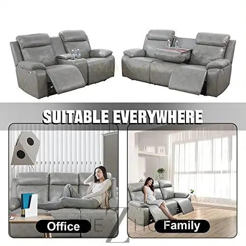 A Ainehome Furniture 3PC Sectional Sofa Living Room Office Sofa Set Electric Motion Sofa Loveseat Reclining Sofa(A-Grey, 3 Piece Set) THE Z HUT