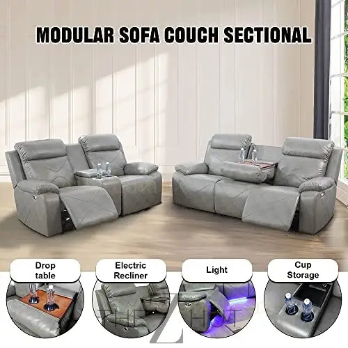 A Ainehome Furniture 3PC Sectional Sofa Living Room Office Sofa Set Electric Motion Sofa Loveseat Reclining Sofa(A-Grey, 3 Piece Set) THE Z HUT
