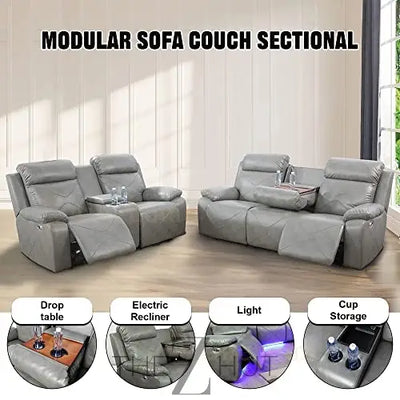 A Ainehome Furniture 3PC Sectional Sofa Living Room Office Sofa Set Electric Motion Sofa Loveseat Reclining Sofa(A-Grey, 3 Piece Set) THE Z HUT