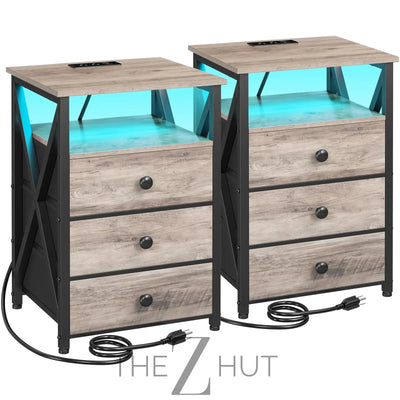 AMHANCIBLE Night Stand Set 2, LED Nightstand with Charging Station, End Side Tables with USB Port & Outlet, Bedside Table with Fabric Drawers for Bedroom Living Room, Black, HET053LBK THE Z HUT