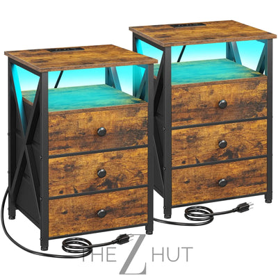 AMHANCIBLE Night Stand Set 2, LED Nightstand with Charging Station, End Side Tables with USB Port & Outlet, Bedside Table with Fabric Drawers for Bedroom Living Room, Black, HET053LBK THE Z HUT