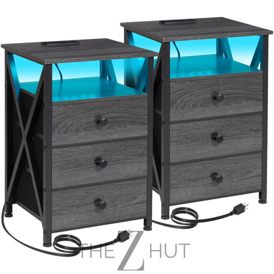 AMHANCIBLE Night Stand Set 2, LED Nightstand with Charging Station, End Side Tables with USB Port & Outlet, Bedside Table with Fabric Drawers for Bedroom Living Room, Black, HET053LBK THE Z HUT