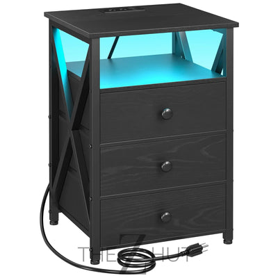 AMHANCIBLE Night Stand Set 2, LED Nightstand with Charging Station, End Side Tables with USB Port & Outlet, Bedside Table with Fabric Drawers for Bedroom Living Room, Black, HET053LBK THE Z HUT