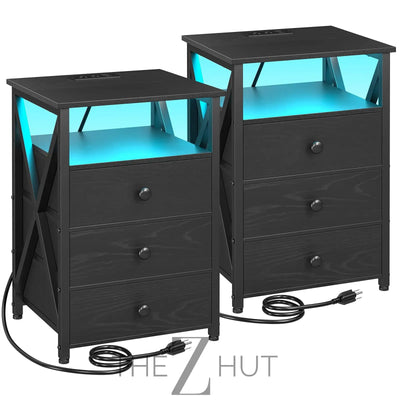 AMHANCIBLE Night Stand Set 2, LED Nightstand with Charging Station, End Side Tables with USB Port & Outlet, Bedside Table with Fabric Drawers for Bedroom Living Room, Black, HET053LBK THE Z HUT