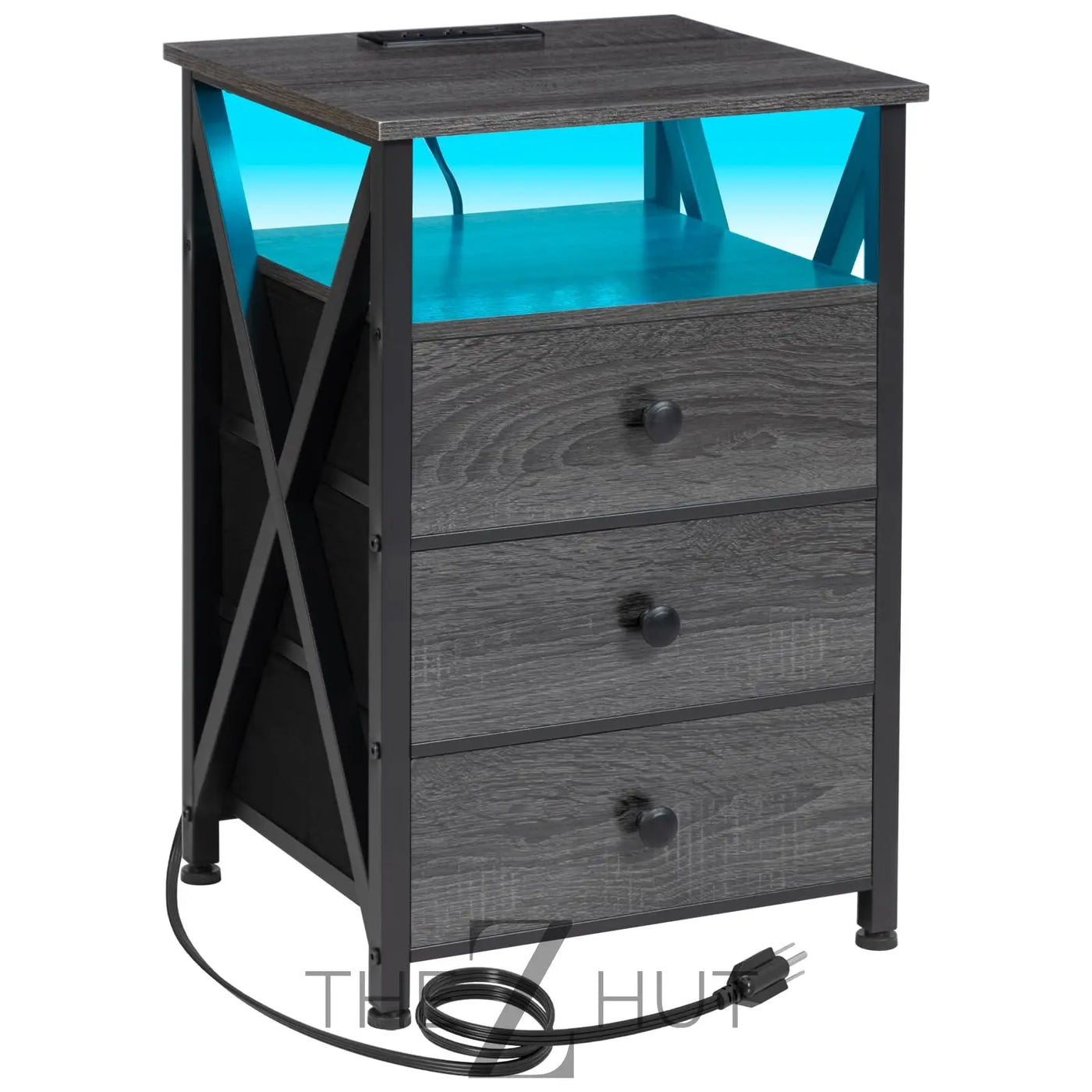 AMHANCIBLE Night Stand Set 2, LED Nightstand with Charging Station, End Side Tables with USB Port & Outlet, Bedside Table with Fabric Drawers for Bedroom Living Room, Black, HET053LBK THE Z HUT