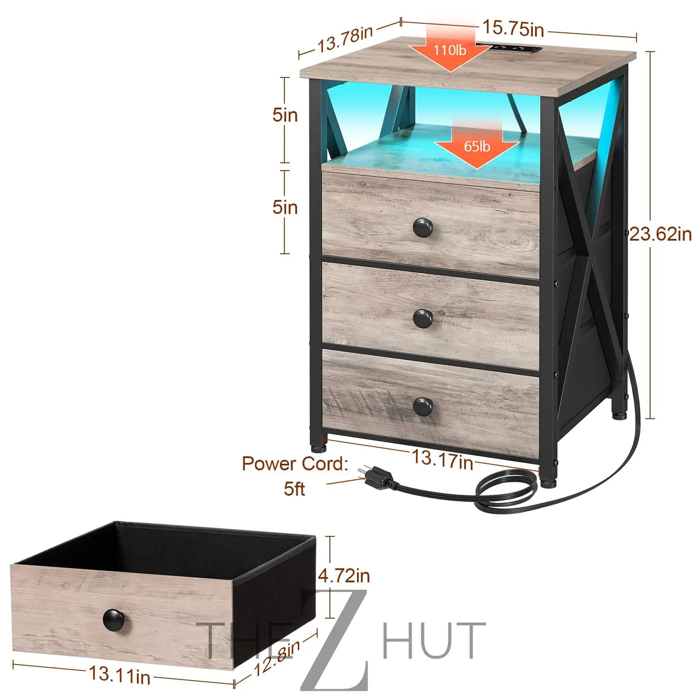 AMHANCIBLE Night Stand Set 2, LED Nightstand with Charging Station, End Side Tables with USB Port & Outlet, Bedside Table with Fabric Drawers for Bedroom Living Room, Black, HET053LBK THE Z HUT