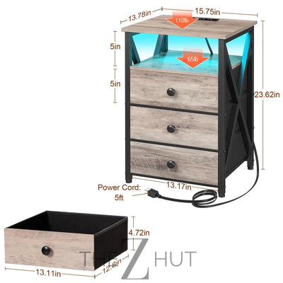 AMHANCIBLE Night Stand Set 2, LED Nightstand with Charging Station, End Side Tables with USB Port & Outlet, Bedside Table with Fabric Drawers for Bedroom Living Room, Black, HET053LBK THE Z HUT