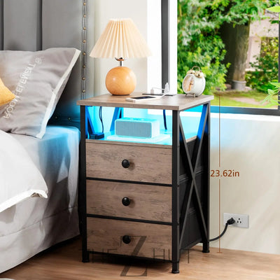 AMHANCIBLE Night Stand Set 2, LED Nightstand with Charging Station, End Side Tables with USB Port & Outlet, Bedside Table with Fabric Drawers for Bedroom Living Room, Black, HET053LBK THE Z HUT