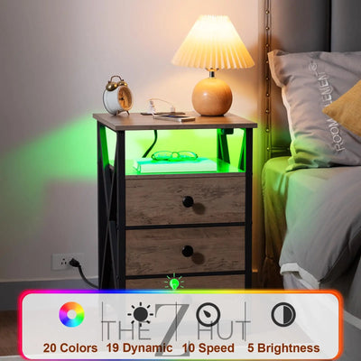 AMHANCIBLE Night Stand Set 2, LED Nightstand with Charging Station, End Side Tables with USB Port & Outlet, Bedside Table with Fabric Drawers for Bedroom Living Room, Black, HET053LBK THE Z HUT