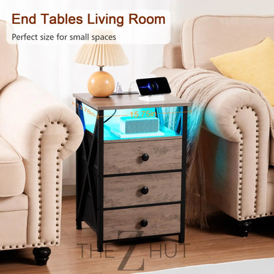 AMHANCIBLE Night Stand Set 2, LED Nightstand with Charging Station, End Side Tables with USB Port & Outlet, Bedside Table with Fabric Drawers for Bedroom Living Room, Black, HET053LBK THE Z HUT