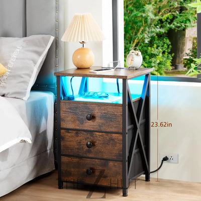 AMHANCIBLE Night Stand Set 2, LED Nightstand with Charging Station, End Side Tables with USB Port & Outlet, Bedside Table with Fabric Drawers for Bedroom Living Room, Black, HET053LBK THE Z HUT
