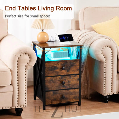 AMHANCIBLE Night Stand Set 2, LED Nightstand with Charging Station, End Side Tables with USB Port & Outlet, Bedside Table with Fabric Drawers for Bedroom Living Room, Black, HET053LBK THE Z HUT