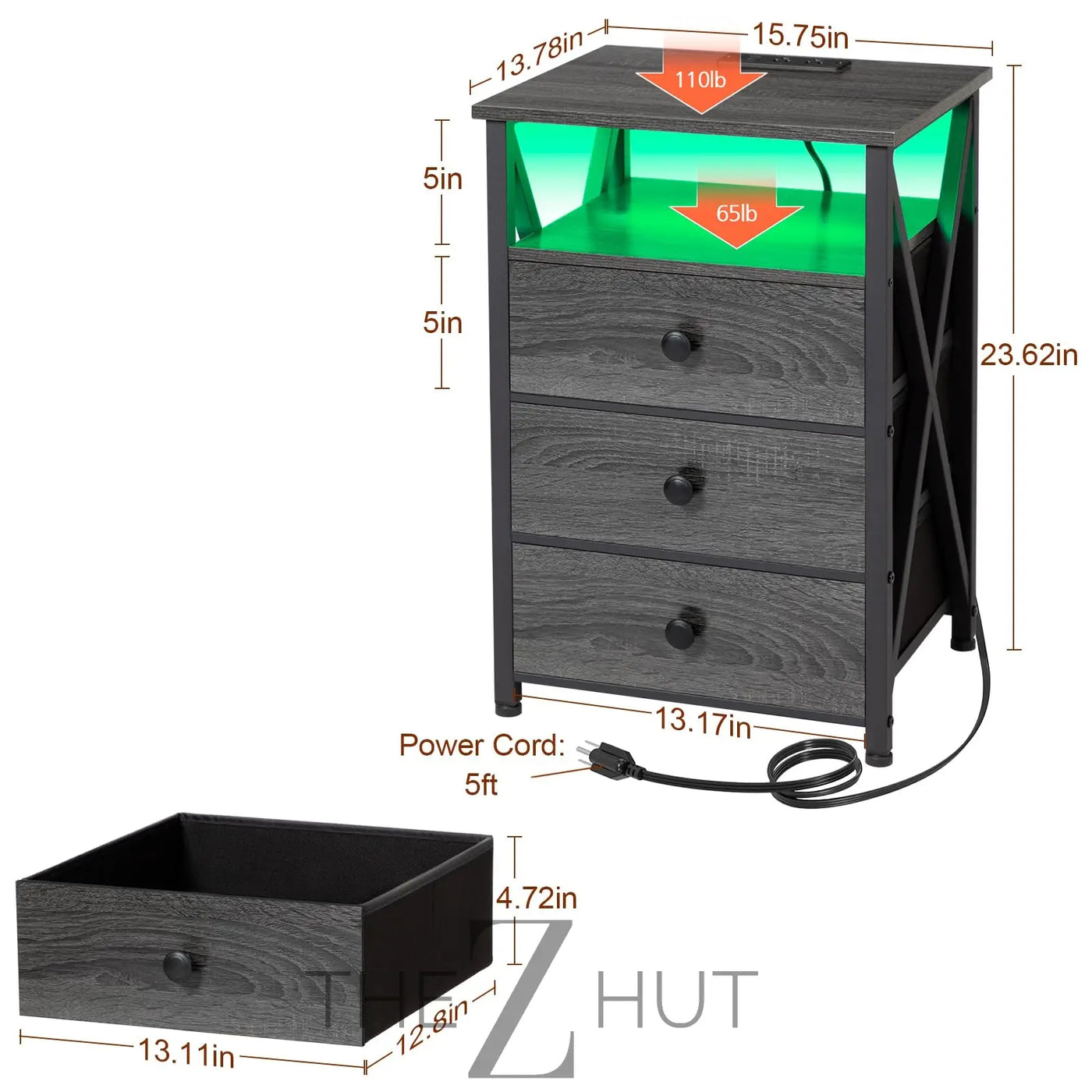 AMHANCIBLE Night Stand Set 2, LED Nightstand with Charging Station, End Side Tables with USB Port & Outlet, Bedside Table with Fabric Drawers for Bedroom Living Room, Black, HET053LBK THE Z HUT