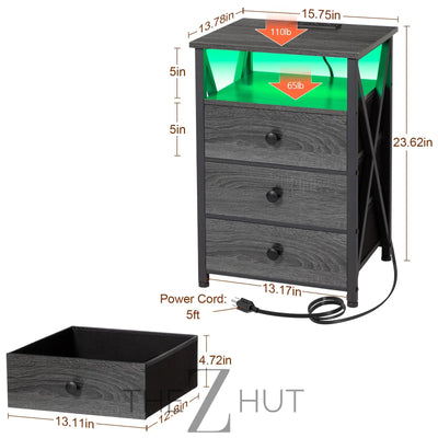 AMHANCIBLE Night Stand Set 2, LED Nightstand with Charging Station, End Side Tables with USB Port & Outlet, Bedside Table with Fabric Drawers for Bedroom Living Room, Black, HET053LBK THE Z HUT