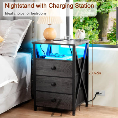 AMHANCIBLE Night Stand Set 2, LED Nightstand with Charging Station, End Side Tables with USB Port & Outlet, Bedside Table with Fabric Drawers for Bedroom Living Room, Black, HET053LBK THE Z HUT