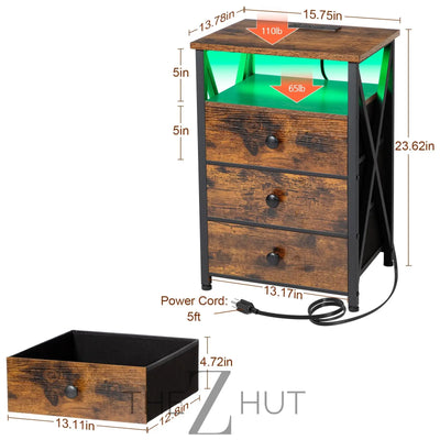 AMHANCIBLE Night Stand Set 2, LED Nightstand with Charging Station, End Side Tables with USB Port & Outlet, Bedside Table with Fabric Drawers for Bedroom Living Room, Black, HET053LBK THE Z HUT
