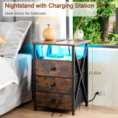AMHANCIBLE Night Stand Set 2, LED Nightstand with Charging Station, End Side Tables with USB Port & Outlet, Bedside Table with Fabric Drawers for Bedroom Living Room, Black, HET053LBK THE Z HUT