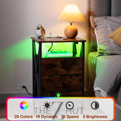 AMHANCIBLE Night Stand Set 2, LED Nightstand with Charging Station, End Side Tables with USB Port & Outlet, Bedside Table with Fabric Drawers for Bedroom Living Room, Black, HET053LBK THE Z HUT