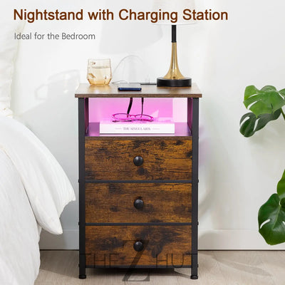 AMHANCIBLE Night Stand Set 2, LED Nightstand with Charging Station, End Side Tables with USB Port & Outlet, Bedside Table with Fabric Drawers for Bedroom Living Room, Black, HET053LBK THE Z HUT