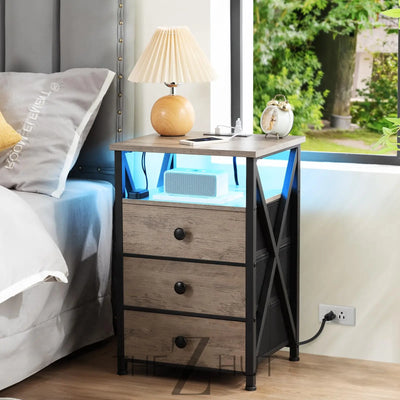 AMHANCIBLE Night Stand Set 2, LED Nightstand with Charging Station, End Side Tables with USB Port & Outlet, Bedside Table with Fabric Drawers for Bedroom Living Room, Black, HET053LBK THE Z HUT