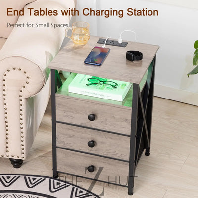 AMHANCIBLE Night Stand Set 2, LED Nightstand with Charging Station, End Side Tables with USB Port & Outlet, Bedside Table with Fabric Drawers for Bedroom Living Room, Black, HET053LBK THE Z HUT
