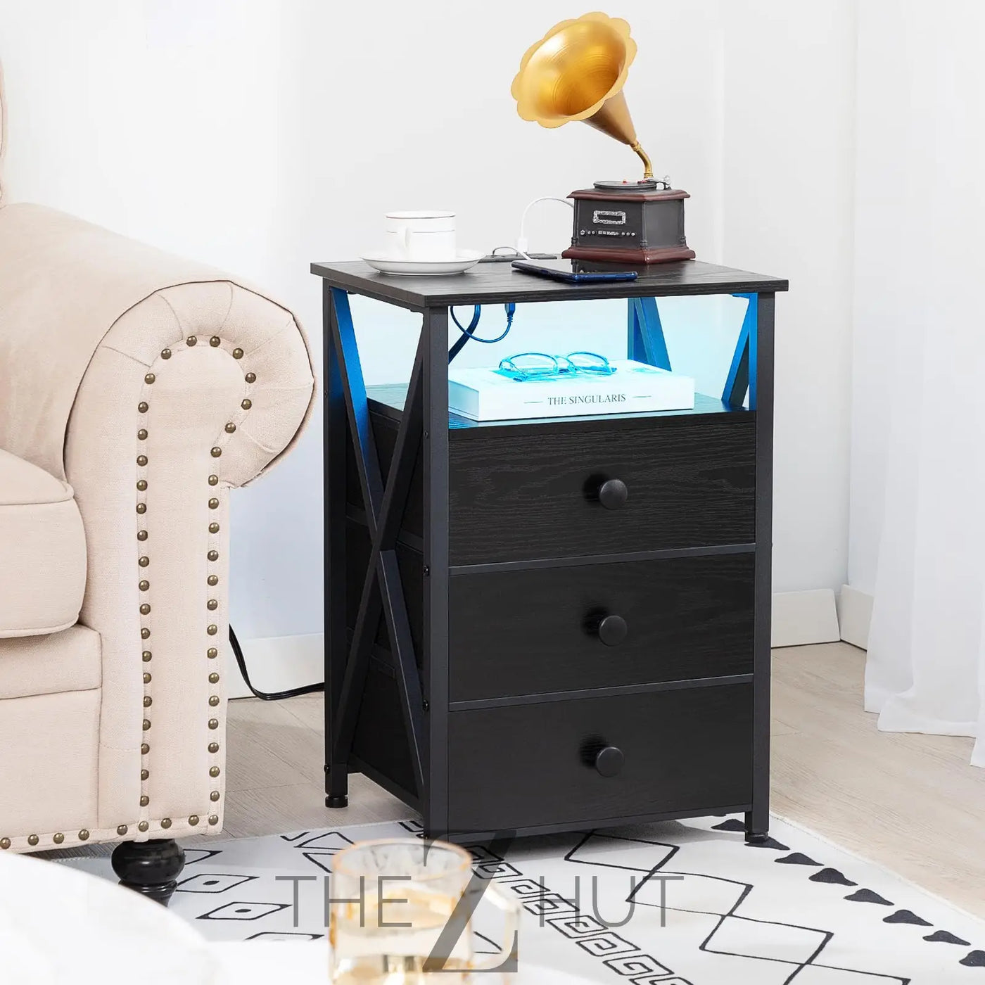 AMHANCIBLE Night Stand Set 2, LED Nightstand with Charging Station, End Side Tables with USB Port & Outlet, Bedside Table with Fabric Drawers for Bedroom Living Room, Black, HET053LBK THE Z HUT