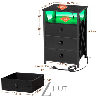AMHANCIBLE Night Stand Set 2, LED Nightstand with Charging Station, End Side Tables with USB Port & Outlet, Bedside Table with Fabric Drawers for Bedroom Living Room, Black, HET053LBK THE Z HUT