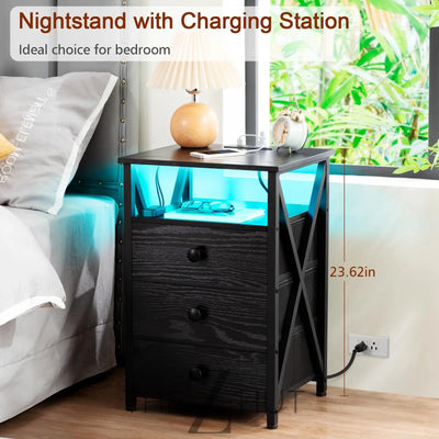 AMHANCIBLE Night Stand Set 2, LED Nightstand with Charging Station, End Side Tables with USB Port & Outlet, Bedside Table with Fabric Drawers for Bedroom Living Room, Black, HET053LBK THE Z HUT