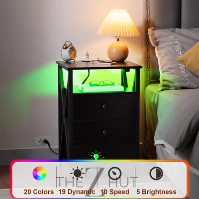 AMHANCIBLE Night Stand Set 2, LED Nightstand with Charging Station, End Side Tables with USB Port & Outlet, Bedside Table with Fabric Drawers for Bedroom Living Room, Black, HET053LBK THE Z HUT