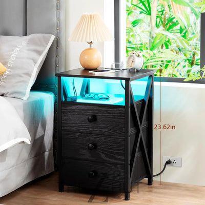 AMHANCIBLE Night Stand Set 2, LED Nightstand with Charging Station, End Side Tables with USB Port & Outlet, Bedside Table with Fabric Drawers for Bedroom Living Room, Black, HET053LBK THE Z HUT