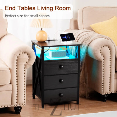 AMHANCIBLE Night Stand Set 2, LED Nightstand with Charging Station, End Side Tables with USB Port & Outlet, Bedside Table with Fabric Drawers for Bedroom Living Room, Black, HET053LBK THE Z HUT