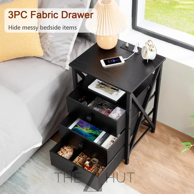 AMHANCIBLE Night Stand Set 2, LED Nightstand with Charging Station, End Side Tables with USB Port & Outlet, Bedside Table with Fabric Drawers for Bedroom Living Room, Black, HET053LBK THE Z HUT