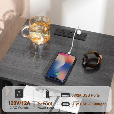 AMHANCIBLE Night Stand Set 2, LED Nightstand with Charging Station, End Side Tables with USB Port & Outlet, Bedside Table with Fabric Drawers for Bedroom Living Room, Black, HET053LBK THE Z HUT