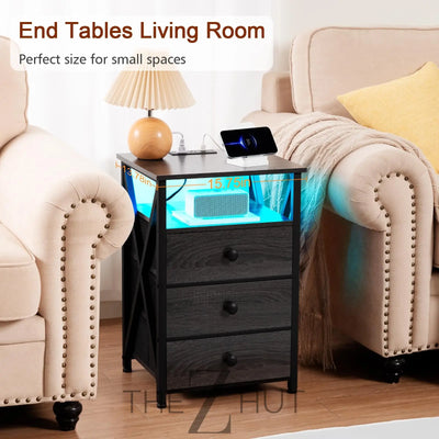 AMHANCIBLE Night Stand Set 2, LED Nightstand with Charging Station, End Side Tables with USB Port & Outlet, Bedside Table with Fabric Drawers for Bedroom Living Room, Black, HET053LBK THE Z HUT