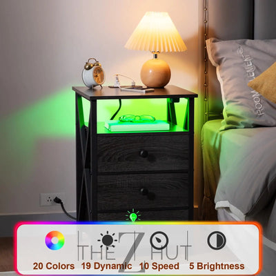 AMHANCIBLE Night Stand Set 2, LED Nightstand with Charging Station, End Side Tables with USB Port & Outlet, Bedside Table with Fabric Drawers for Bedroom Living Room, Black, HET053LBK THE Z HUT