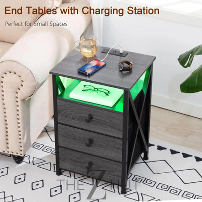 AMHANCIBLE Night Stand Set 2, LED Nightstand with Charging Station, End Side Tables with USB Port & Outlet, Bedside Table with Fabric Drawers for Bedroom Living Room, Black, HET053LBK THE Z HUT