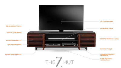 BDI Furniture Corridor 8173-79.25'' TV Stand for TVs up to 85" with Soundbar Shelf, Adjustable Shelves, Cable Management, Ventilation, Tempered Glass Top, Chocolate Stained Walnut THE Z HUT