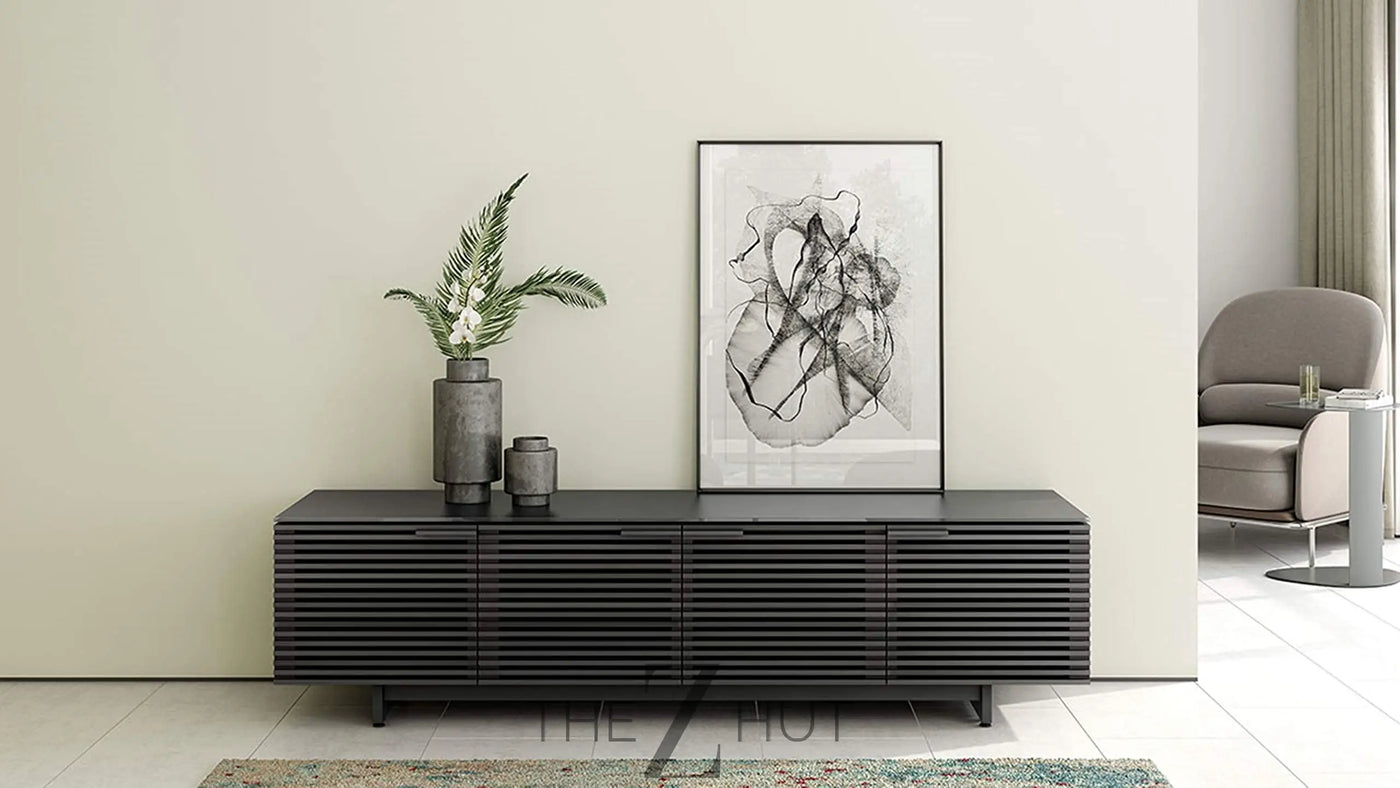 BDI Furniture Corridor 8173-79.25'' TV Stand for TVs up to 85" with Soundbar Shelf, Adjustable Shelves, Cable Management, Ventilation, Tempered Glass Top, Chocolate Stained Walnut THE Z HUT