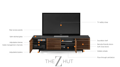 BDI Furniture Corridor 8173-79.25'' TV Stand for TVs up to 85" with Soundbar Shelf, Adjustable Shelves, Cable Management, Ventilation, Tempered Glass Top, Chocolate Stained Walnut THE Z HUT